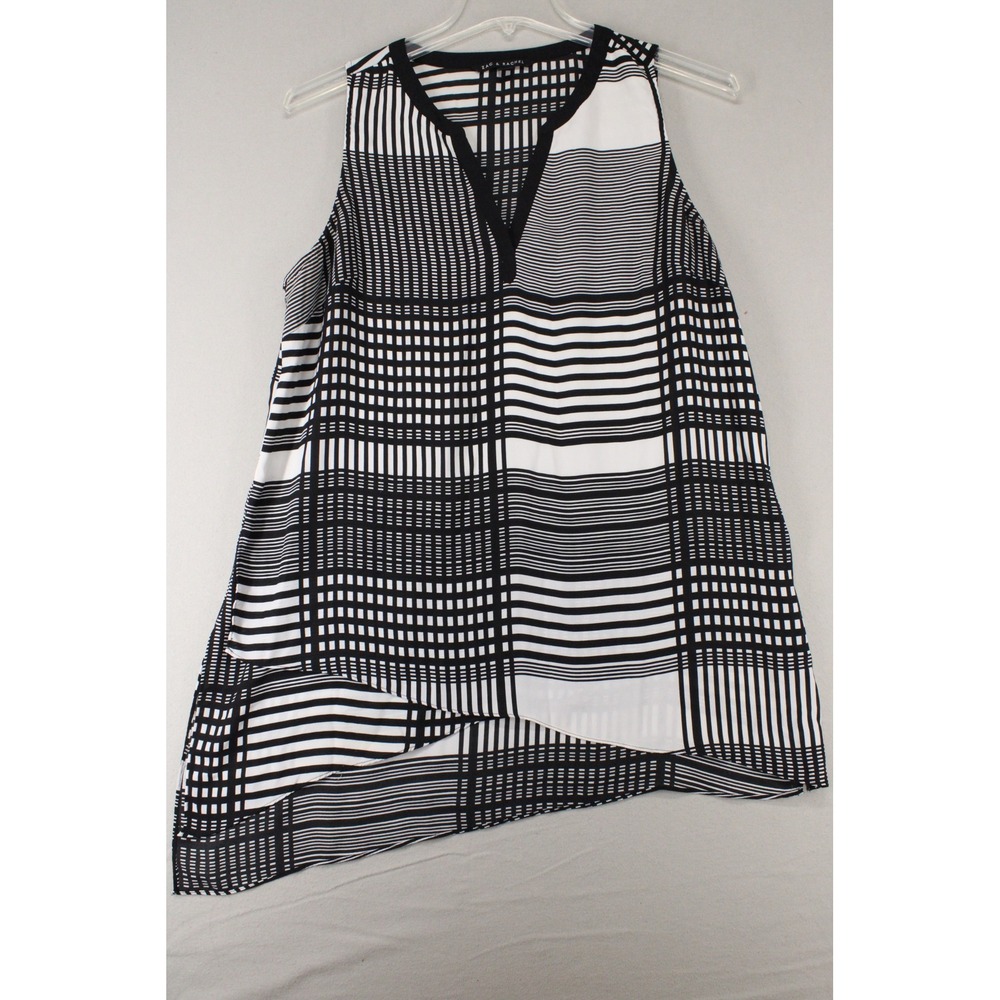 Zac & Rachel Top Sleeveless V-Neck XL Black White Grid Asymmetrical Hem Blouse